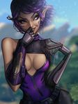  bare_shoulders belt breasts cleavage cleavage_cutout commentary_request eyelashes highres invisible jellyemily lips looking_to_the_side medium_breasts paladins pointy_ears purple_eyes purple_hair short_hair skin_tight skye_(paladins) smile solo 