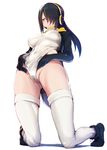  adjusting_clothes adjusting_leotard afukuro ass_visible_through_thighs bad_id bad_pixiv_id black_hair breasts cameltoe commentary_request covered_navel covered_nipples emperor_penguin_(kemono_friends) from_below full_body hair_over_one_eye headphones highres hood hoodie kemono_friends kneeling leotard long_hair long_sleeves medium_breasts partially_visible_vulva simple_background solo white_background white_legwear 