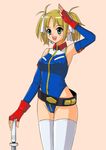  blonde_hair blue_eyes breasts fingerless_gloves gloves gundam gundam_card_builder highleg highleg_leotard hips large_breasts leotard open_mouth reiko_holinger short_hair short_twintails simple_background solo thighhighs thighs twintails white_legwear yokaze_japan 