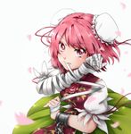  bandaged_arm bandages chain cherry_blossoms cuffs double_bun green_skirt ibaraki_kasen looking_at_viewer momo-nora mouth_hold petals pink_eyes pink_hair pink_rope puffy_short_sleeves puffy_sleeves rope shackles shirt short_hair short_sleeves simple_background skirt solo tabard touhou white_background white_shirt wind 