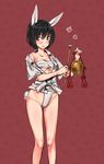  animal_ears aohashi_ame bangs black_hair brave_witches breasts bunny_ears bunny_tail collarbone commentary festival floral_background fundoshi gong groin highres holding japanese_clothes looking_at_viewer medium_breasts no_pants off_shoulder open_clothes open_mouth open_shirt purple_background red_eyes sarashi shimohara_sadako shirt short_hair short_sleeves smile solo standing tail white_shirt world_witches_series 
