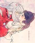  1girl animal_ears black_hair couple dog_ears from_side hair_over_one_eye hetero higurashi_kagome inuyasha inuyasha_(character) japanese_clothes jewelry lying motobi_(mtb_umk) necklace pearl_necklace profile smirk translation_request white_hair wrist_grab 