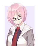  black-framed_eyewear black_shirt brown_eyes closed_mouth fate/grand_order fate_(series) glasses head_tilt highres looking_at_viewer mash_kyrielight necktie nian pink_background pink_hair red_neckwear shiny shiny_hair shirt simple_background smile solo tareme upper_body 