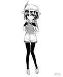  backpack bag blush commentary_request dated expressionless eyebrows_visible_through_hair full_body gloves greyscale hair_between_eyes halftone hat hat_feather helmet jpeg_artifacts kaban_(kemono_friends) kemono_friends looking_at_viewer monochrome narrow_waist pantyhose pith_helmet shirt short_hair short_sleeves shorts signature simple_background solo standing tareme thigh_gap white_background yamaguchi_yuu 