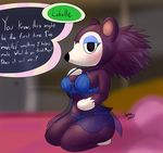  2017 animal_crossing anthro bed black_nose blush breasts clothing dialogue english_text eyelashes hedgehog kawmapkarma labelle_able lingerie mammal mouthless nintendo solo talking_to_viewer text video_games 
