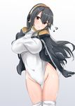  absurdres alternate_costume ame-rain arms_at_sides ass_visible_through_thighs black_hair breasts brown_eyes cosplay covered_navel emperor_penguin_(kemono_friends) emperor_penguin_(kemono_friends)_(cosplay) hair_between_eyes haruna_(kantai_collection) headphones highleg highleg_leotard highres kantai_collection kemono_friends large_breasts leotard long_hair looking_at_viewer solo thighhighs thighs white_legwear white_leotard 