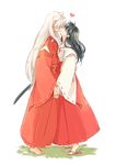  1girl animal_ears barefoot black_hair couple dog_ears full_body hair_over_eyes hakama heart hetero higurashi_kagome holding_hands imminent_kiss interlocked_fingers inuyasha inuyasha_(character) japanese_clothes kiss long_hair miko motobi_(mtb_umk) no_socks red_hakama sandals waraji white_background white_hair wide_sleeves 