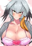  black_hair bra breasts cleavage closed_mouth collared_shirt commentary_request eyebrows_visible_through_hair grey_shirt head_wings highres kemono_friends large_breasts long_hair multicolored_hair open_clothes open_shirt orange_hair pink_bra sankakusui shiny shiny_hair shiny_skin shirt shoebill_(kemono_friends) side_ponytail silver_hair solo underwear upper_body yellow_eyes 