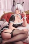  1girl animal_ears ass bell blue_eyes breasts cat_ears cat_tail choker cleavage couch garter_straps headband highres looking_at_viewer lying maid medium_breasts mirco_cabbia on_side parted_lips paw_pose short_hair solo tail thighhighs white_hair yorha_no._2_type_b 