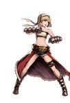  alpha_transparency bandeau belt blonde_hair bob_cut boots brown_eyes djeeta_(granblue_fantasy) fighting_stance full_body gauntlets granblue_fantasy grappler_(granblue_fantasy) headband legs_apart midriff minaba_hideo official_art open_mouth short_shorts shorts solo transparent_background 