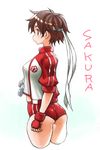  ass bangs brown_eyes brown_hair buruma cropped_legs double_vertical_stripe fingerless_gloves from_side gloves gym_shirt headband hiro1984 jacket kasugano_sakura looking_to_the_side open_clothes open_jacket red_buruma shirt short_hair short_sleeves simple_background sketch solo standing street_fighter track_jacket very_short_hair whistle white_background white_shirt 