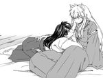  1girl animal_ears barefoot blush couple dog_ears eye_contact greyscale hetero higurashi_kagome inuyasha inuyasha_(character) japanese_clothes kneeling long_hair looking_at_another lying miko monochrome motobi_(mtb_umk) on_stomach sitting smile 