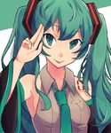  :p bad_hands bad_id bad_pixiv_id bare_shoulders closed_mouth collared_shirt green_eyes green_hair green_neckwear grey_shirt hair_ornament hand_up hatsune_miku head_tilt highres long_hair looking_at_viewer necktie number_tattoo salute shirt sleeveless sleeveless_shirt solo tattoo tongue tongue_out twintails two-tone_background upper_body very_long_hair vocaloid wing_collar yuusei_tsukiro 