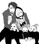  3girls :o bad_id bad_pixiv_id closed_eyes con_potata greyscale hair_bun hair_over_one_eye hood hoodie jean-jacques_leroy monochrome multiple_boys multiple_girls nishigoori_axel nishigoori_loop nishigoori_lutz open_mouth ponytail siblings sisters sitting smile triplets twintails yuri!!!_on_ice yuri_plisetsky 