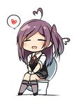  :d =_= ahoge black_vest chibi closed_eyes commentary hagikaze_(kantai_collection) heart highres kamelie kantai_collection long_hair one_side_up open_mouth panties panty_pull pleated_skirt purple_hair school_uniform skirt smile solo spoken_heart toilet toilet_seat toilet_use underwear vest 