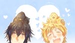  animal animal_on_head bird bird_on_head black_hair blonde_hair blue_eyes blush chicobo final_fantasy final_fantasy_xv heart male_focus messy_hair multiple_boys noctis_lucis_caelum on_head prompto_argentum simple_background toa_(user_enm6130) 