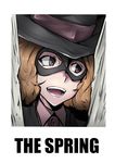  black_eyes brown_hair check_commentary commentary commentary_request door gggg hat here's_johnny! mask okumura_haru open_mouth parody persona persona_5 short_hair smile solo teeth the_shining 