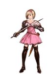  alpha_transparency blonde_hair bob_cut boots brown_eyes brown_footwear brown_legwear djeeta_(granblue_fantasy) dress fighter_(granblue_fantasy) full_body gauntlets granblue_fantasy hairband juliet_sleeves long_sleeves minaba_hideo official_art pink_dress pink_hairband puffy_sleeves scabbard sheath short_hair solo sword thigh_boots thighhighs transparent_background weapon zettai_ryouiki 