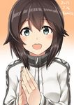  :d artist_name blush brown_hair commentary_request dated eyebrows_visible_through_hair gradient gradient_background hair_between_eyes hayasui_(kantai_collection) highres jacket kamelie kantai_collection long_sleeves looking_at_viewer open_mouth orange_background own_hands_together short_hair silver_eyes simple_background smile solo track_jacket upper_body white_jacket zipper_pull_tab 