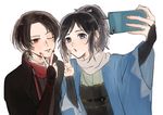  black_hair blue_eyes bridal_gauntlets brown_hair cellphone haori japanese_clothes kashuu_kiyomitsu male_focus mole mole_under_eye mole_under_mouth multiple_boys nail_polish one_eye_closed phone ponytail red_eyes red_nails scarf self_shot shinsengumi smartphone smile touken_ranbu v yamato-no-kami_yasusada zy_(dondokodo-mu) 