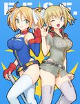  ;d abiko_yuuji blonde_hair blue_eyes blue_leotard breasts dual_persona fingerless_gloves gloves gundam gundam_card_builder highleg highleg_leotard hips large_breasts leotard looking_at_viewer one_eye_closed open_mouth reiko_holinger short_hair short_twintails simple_background smile solo thick_thighs thighhighs thighs twintails white_legwear 