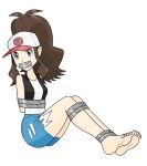  bare_foot bare_legs baseball_cap black_vest blue_eyes brown_hair creatures_(company) gag gagged game_freak hat improvised_gag nintendo pokemon pokemon_(game) pokemon_bw shirt short_shorts shorts sleeveless sleeveless_shirt tank_top tape tape_gag touko_(pokemon) vest white_shirt 