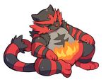  2017 alasurth anthro chibi cute eyes_closed fangs feline fire incineroar male mammal nintendo nude overweight pok&eacute;mon red_nose simple_background sitting solo video_games white_background 