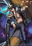  abs absurdres belt black_hair boots coat evil_smile fur_trim hair_between_eyes helmet highres horned_helmet jacket jewelry kim_jin_sung loki_(mythology) looking_at_viewer male_focus necklace norse_mythology open_clothes open_jacket original pants parted_lips petals red_eyes ring shirtless sitting smile solo tree 