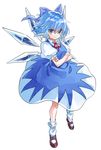  &gt;:) aqua_eyes blue blue_bow blue_dress blue_eyes blue_hair blue_wings bow brown_footwear cirno commentary crossed_arms dress frilled_legwear full_body hair_bow ice ice_wings looking_at_viewer manarou mary_janes neck_ribbon puffy_short_sleeves puffy_sleeves red_ribbon ribbon shoes short_hair short_sleeves simple_background smile socks solo touhou v-shaped_eyebrows white_background white_legwear wings 