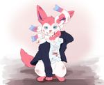  2017 ambiguous_gender blood blue_eyes bottomless clothed clothing coat eeveelution feral fur grin looking_at_viewer mammal nintendo nosebleed pink_fur pink_nose pok&eacute;mon semi-anthro shirt simple_background smile solo sylveon video_games wounded zuriku 