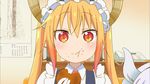  1girl animated dragon_girl eating food gloves horns kobayashi-san_chi_no_maidragon maid_headdress solo tooru_(maidragon) twintails 