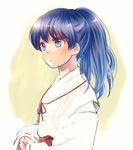  alternate_hairstyle black_hair blue_eyes blue_hair high_ponytail higurashi_kagome inuyasha japanese_clothes lavender_eyes long_hair miko motobi_(mtb_umk) ponytail red_ribbon ribbon simple_background solo upper_body 