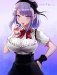  :p bangs black_hairband black_skirt blouse blue_eyes bow breasts character_name dagashi_kashi fellatio_gesture finger_licking flower hair_flower hair_ornament hairband hand_on_hip high-waist_skirt highres hiro1984 large_breasts licking looking_at_viewer purple_hair red_bow saliva sanpaku shidare_hotaru shirt short_hair short_sleeves skirt solo standing suspender_skirt suspenders tongue tongue_out upper_body white_blouse white_shirt wristband 