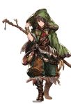  alpha_transparency boots brown_eyes brown_hair cloak earrings feathers full_body gran_(granblue_fantasy) granblue_fantasy hermit_(granblue_fantasy) jewelry male_focus minaba_hideo official_art puffy_pants solo staff transparent_background walking 