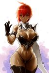  armlet armor bangs bikini_armor black_gloves boots breasts cowboy_shot earrings gauntlets gloves highleg highres hiro1984 jewelry large_breasts looking_at_viewer navel original red_hair short_hair smile solo standing tan thigh_boots thighhighs wide_hips 