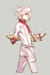  blue_eyes chef_uniform fate/apocrypha fate/grand_order fate_(series) food gravy_boat karna_(fate) looking_at_viewer male_focus pale_skin simple_background smile solo wanko_(takohati8) white_background white_hair 