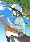  bangs blue_hat blue_shirt brown_eyes brown_hair cloud day dress_shirt from_side girls_und_panzer grey_legwear grey_skirt hat in_tree instrument kantele keizoku_school_uniform long_hair long_sleeves looking_at_viewer mika_(girls_und_panzer) miniskirt music open_mouth outdoors pinch_(nesume) playing_instrument pleated_skirt school_uniform shirt sitting sitting_in_tree skirt smile socks solo striped striped_shirt tree vertical-striped_shirt vertical_stripes white_shirt 