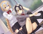  :3 artist_name bangs black_bra black_legwear black_panties black_skirt blonde_hair blue_eyes blush bra bra_through_clothes braid breasts cat chair classroom collared_shirt commentary_request curtains desk drying drying_hair dutch_angle eyebrows_visible_through_hair fate/grand_order fate_(series) grey_hair grey_shirt handkerchief headpiece indoors jeanne_d'arc_(alter)_(fate) jeanne_d'arc_(fate) jeanne_d'arc_(fate)_(all) knees_up long_hair loose_thighhigh mashu_003 medium_breasts multiple_girls open_mouth panties pantyshot pantyshot_(sitting) pleated_skirt rain removing_legwear school_uniform see-through shirt sidelocks signature single_braid sitting skindentation skirt striped striped_bra sweater thighhighs twitter_username underwear undressing very_long_hair wet wet_clothes wet_hair wet_thighhighs white_sweater window yellow_eyes 