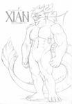  anthro avias_(artist) beard dragon facial_hair looking_at_viewer male monochrome muscular nipple_piercing nipples nude piercing sketch smile solo standing 