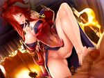  1boy 1girl astaroth_(taimanin_asagi) breasts footjob kimono large_breasts naughty_face potion_(moudamepo) red_hair taimanin_asagi_battle_arena 