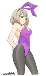  animal_ears arms_behind_back bangs black_legwear breasts bunny_ears bunny_tail bunnysuit cleavage fake_animal_ears fake_tail green_eyes highres large_breasts leotard light_brown_hair looking_at_viewer manabebebe pantyhose parted_lips purple_leotard short_hair simple_background solo strapless strapless_leotard tail tokyo_7th_sisters twitter_username wanibuchi_emoko white_background 