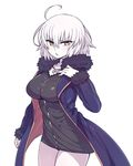  ahoge bangs black_coat black_dress breasts chan_co coat collarbone cowboy_shot dress fate/grand_order fate_(series) fur_trim hair_between_eyes hand_on_own_chest hand_up jacket jeanne_d'arc_(alter)_(fate) jeanne_d'arc_(fate)_(all) jewelry large_breasts legs_together long_sleeves looking_at_viewer necklace open_clothes open_coat open_mouth short_dress short_hair silver_hair simple_background solo standing white_background wicked_dragon_witch_ver._shinjuku_1999 yellow_eyes 