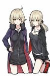  alternate_costume artoria_pendragon_(all) blonde_hair blush fate/grand_order fate/stay_night fate_(series) hair_ribbon highres jacket jeanne_d'arc_(alter)_(fate) jeanne_d'arc_(fate)_(all) long_hair looking_at_viewer multiple_girls open_mouth ponytail ribbon saber_alter short_hair shorts simple_background teshima_nari white_background wicked_dragon_witch_ver._shinjuku_1999 yellow_eyes 