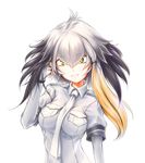  bangs between_breasts black_hair breasts eyebrows_visible_through_hair fingerless_gloves gloves grey_hair grey_shirt head_wings ina kemono_friends long_hair looking_at_viewer multicolored_hair necktie necktie_between_breasts orange_hair shirt shoebill_(kemono_friends) side_ponytail silver_hair smile solo upper_body white_background yellow_eyes 