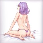  2016 artist_name ass bangs barefoot bed_sheet breasts closed_mouth commentary_request dated dimples_of_venus from_behind full_body green_eyes medium_breasts original panties profile purple_hair purple_panties shoulder_blades signature sitting solo tenjou_tsuki thong topless underwear wariza 