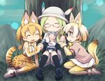  animal_ears animal_print bare_shoulders blonde_hair bow bowtie brown_eyes closed_eyes commentary_request egg elbow_gloves fennec_(kemono_friends) food fox_ears fox_tail full_body glasses gloves green_hair japari_bun kemono_friends kneehighs light_green_hair mirai_(kemono_friends) multiple_girls outdoors serval_(kemono_friends) serval_ears serval_print serval_tail short_hair short_sleeve_sweater sitting skirt smile sweater tail thighhighs tree yoshi_(crossmind) 