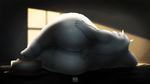  ambiguous_gender anthro avias_(artist) bed cake food hippopotamus inside looking_back lying mammal nude obese on_side overweight solo 