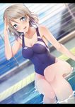  absurdres blue_eyes border breasts cleavage competition_swimsuit dutch_angle grey_hair highres looking_at_viewer love_live! love_live!_sunshine!! lzl_j medium_breasts one-piece_swimsuit open_mouth poolside salute short_hair sitting smile solo swimsuit watanabe_you water wet wet_clothes wet_swimsuit 