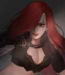  1girl breastplate breasts cleavage dagger green_eyes katarina_du_couteau league_of_legends long_hair red_hair scar solo upper_body 