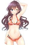  :3 ;3 arm_behind_head arm_up armpits bikini black_hair blue_eyes breasts cleavage earrings floral_print groin hand_on_own_thigh ichinose_shiki idolmaster idolmaster_cinderella_girls jewelry layered_bikini long_hair medium_breasts mio_(mgr300) navel one_eye_closed red_bikini smile solo swimsuit underboob white_background 